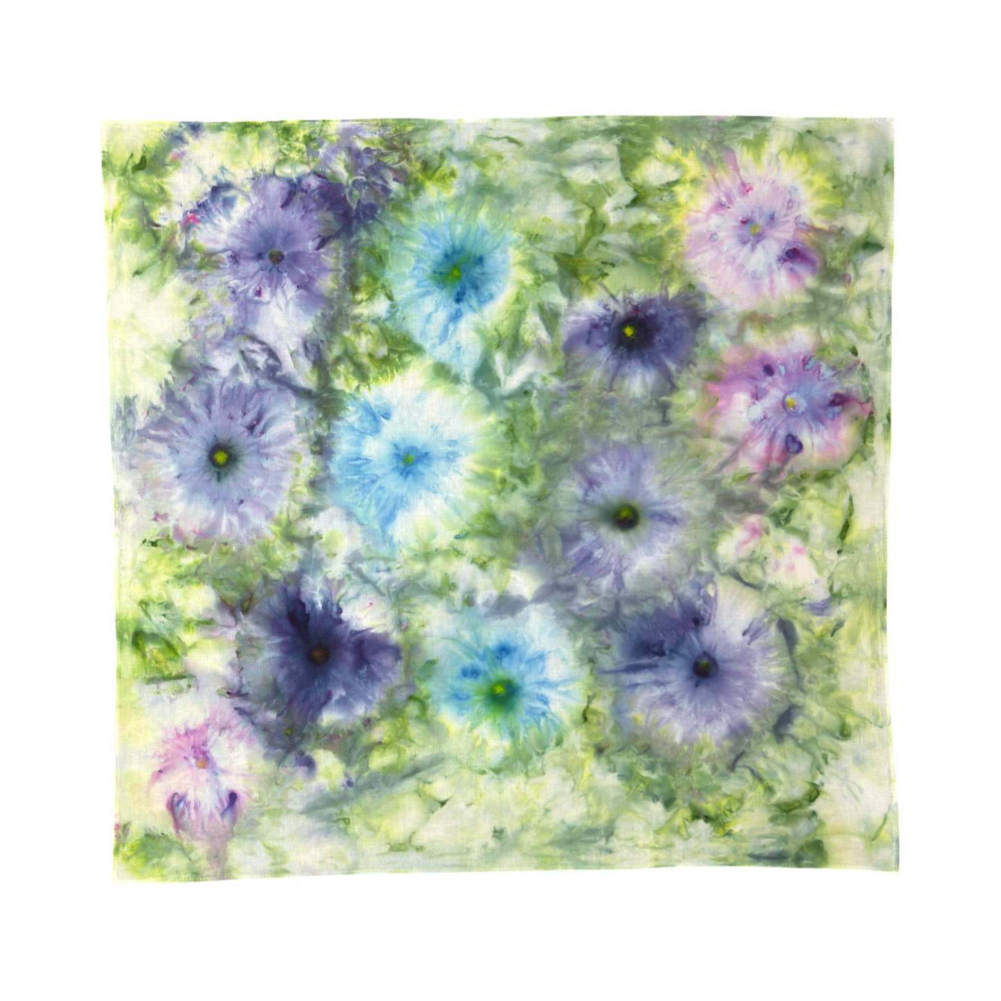 27 inch square purple, blue, and pink flower ice dyed scarf