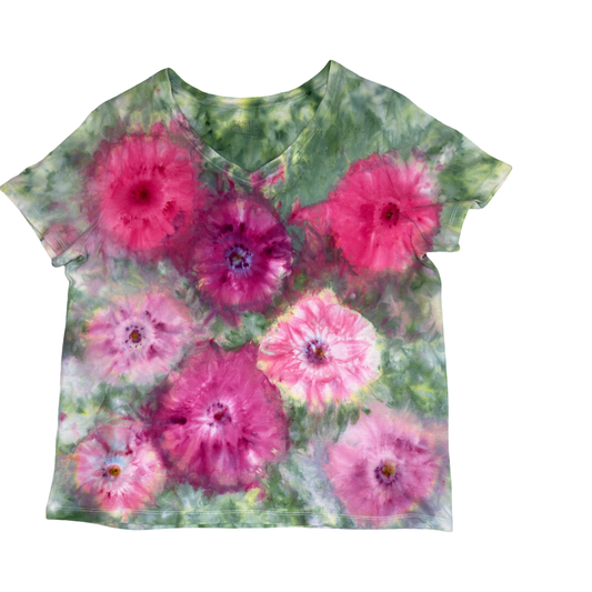 Pink Flowers V Neck Shirt Ladies Size XL